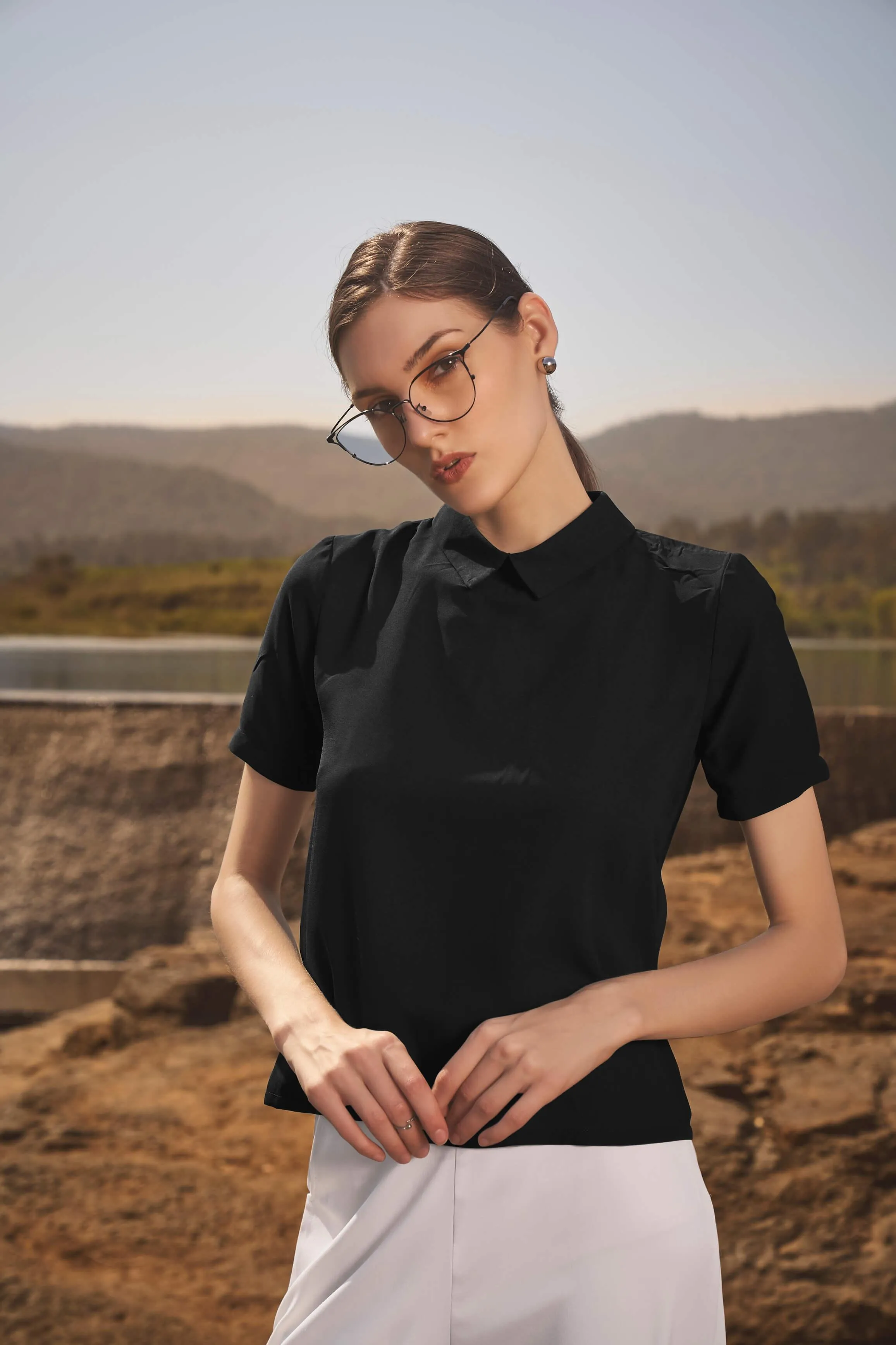 Black Styled High Neck Back Button Top