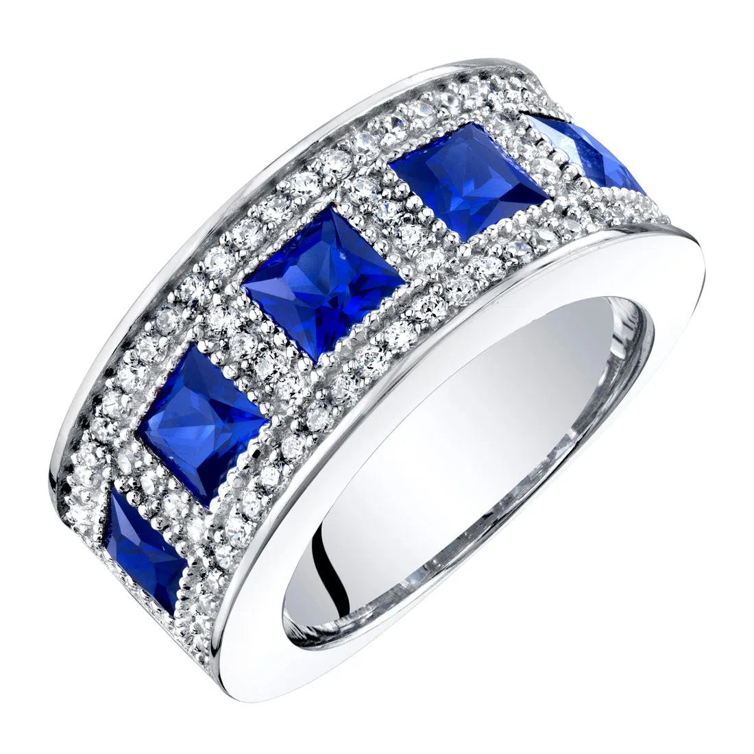 Blue Sapphire Princess Cut Sterling Silver Band Size 6