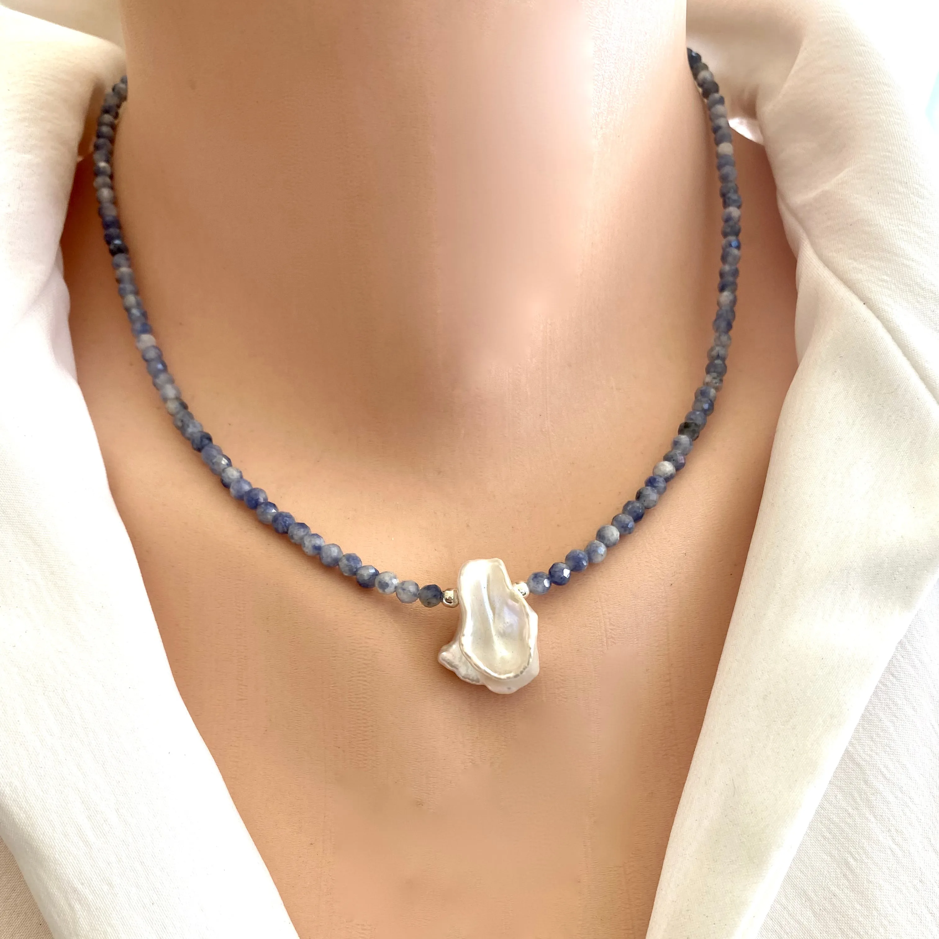 Blue Sodalite and White Keshi Pearl Minimalist Necklace, Sterling Silver, 16or 17inches