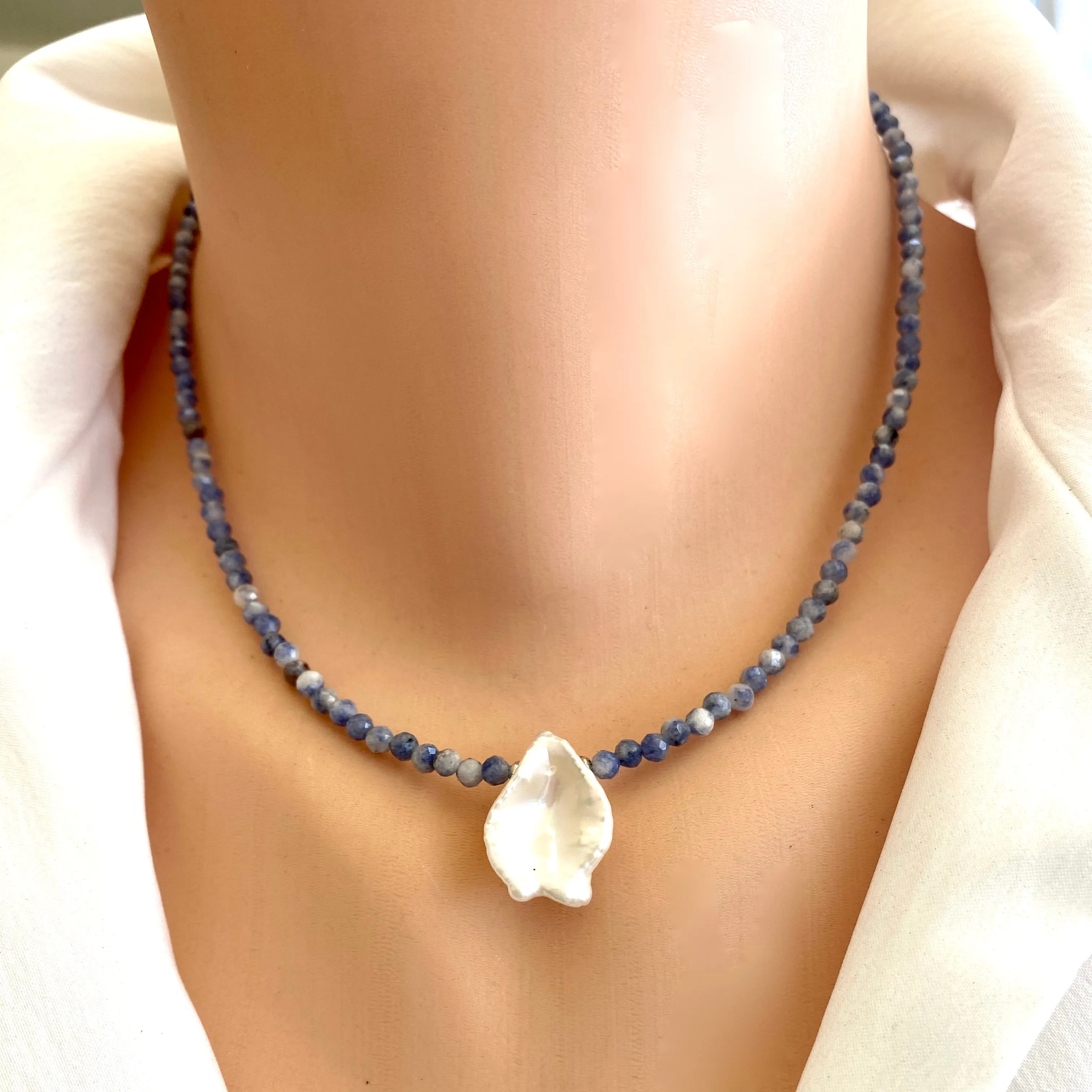 Blue Sodalite and White Keshi Pearl Minimalist Necklace, Sterling Silver, 16or 17inches