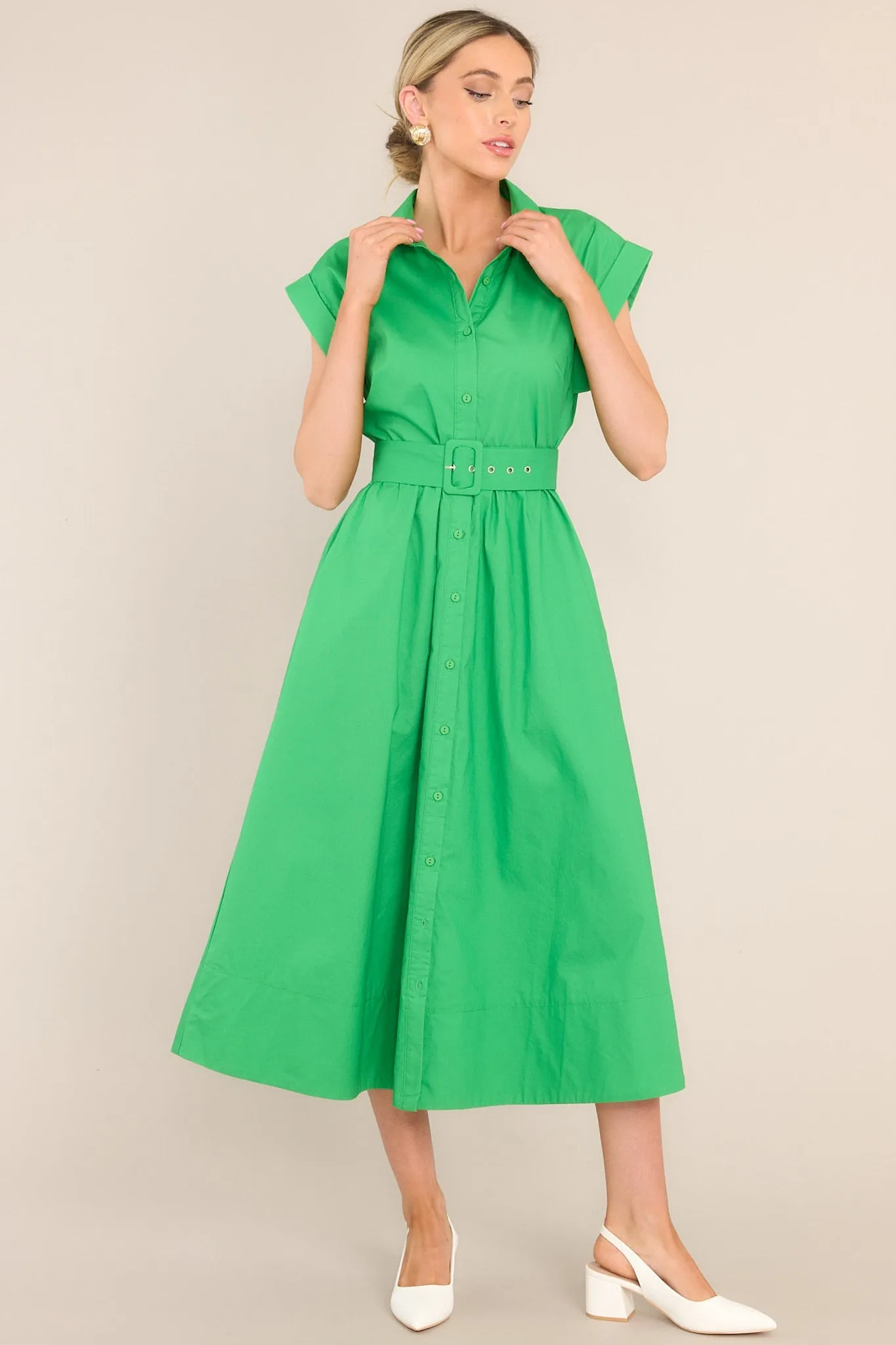 Bring On Spring Kelly Green Belted Button Front Midi Dress