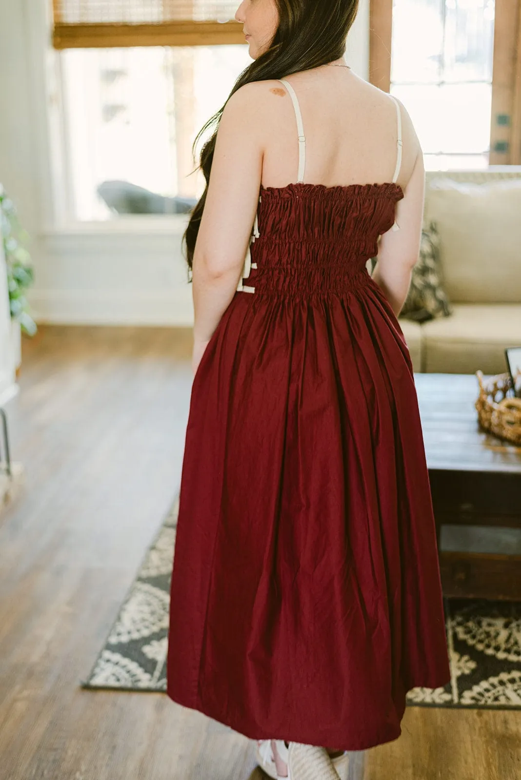 Burgundy Poplin Tie Detail Midi Dress