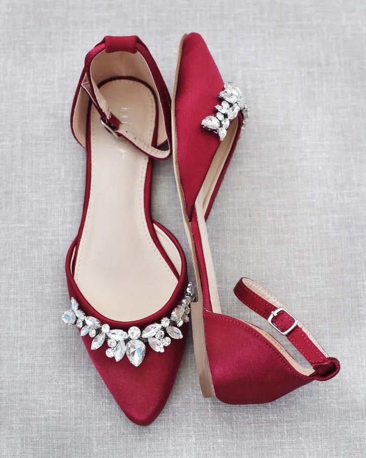 Burgundy Satin Pointy Toe Flats with Teardrop Rhinestones Embellishments