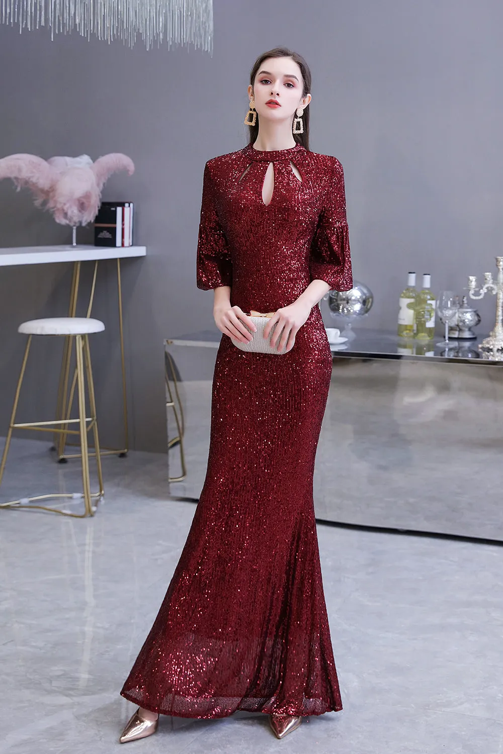 Burgundy Short Sleeve Sequins Long Prom Dress