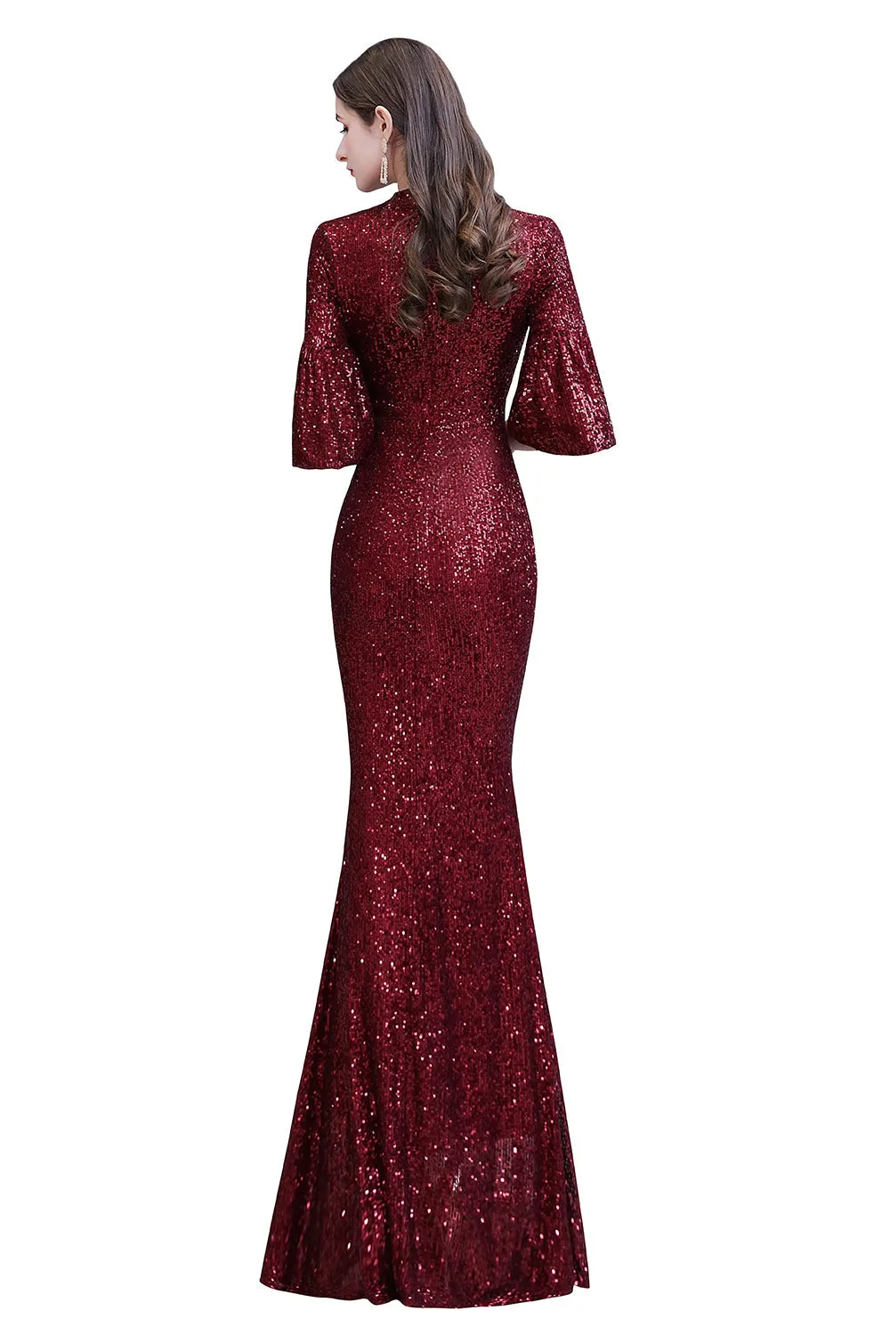 Burgundy Short Sleeve Sequins Long Prom Dress