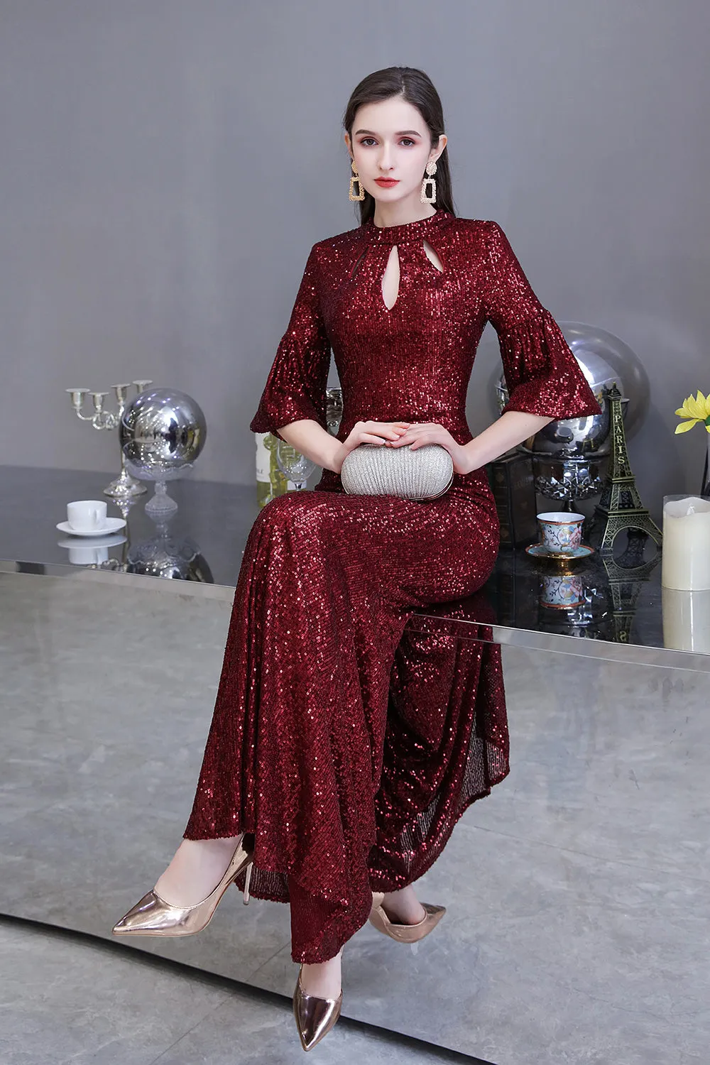 Burgundy Short Sleeve Sequins Long Prom Dress