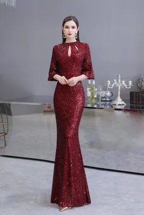 Burgundy Short Sleeve Sequins Long Prom Dress