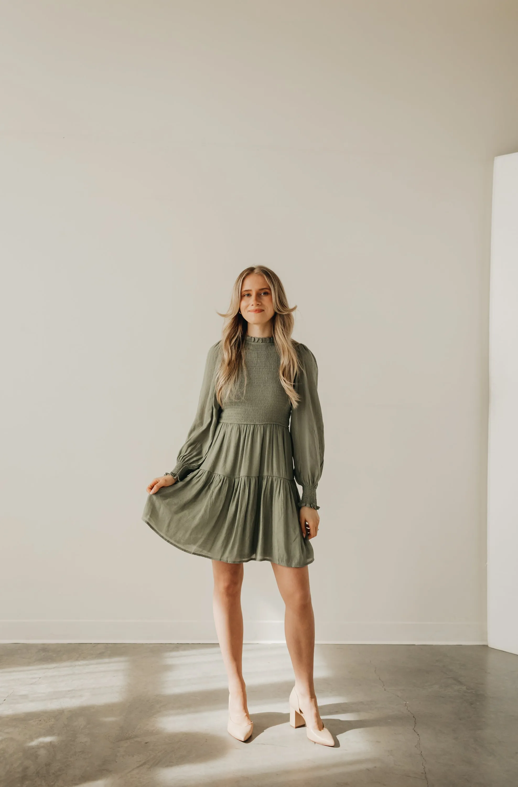 Charlotte Smocked Dress in Olive- Short Length