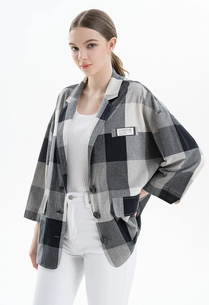 Checked Oversized Blazer Buttoned Cotton Shirt