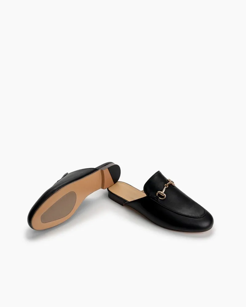 Classic Metal Buckle Leather Slide Slip On Flat Mules