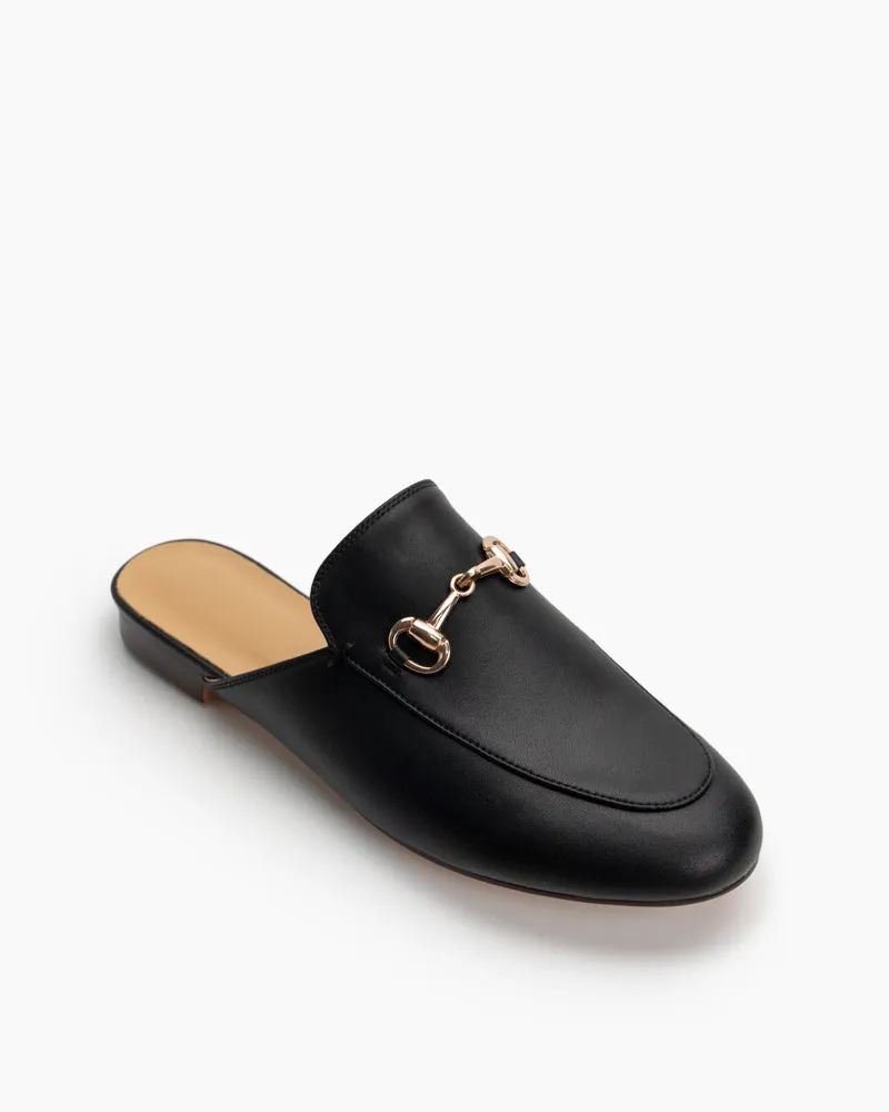 Classic Metal Buckle Leather Slide Slip On Flat Mules