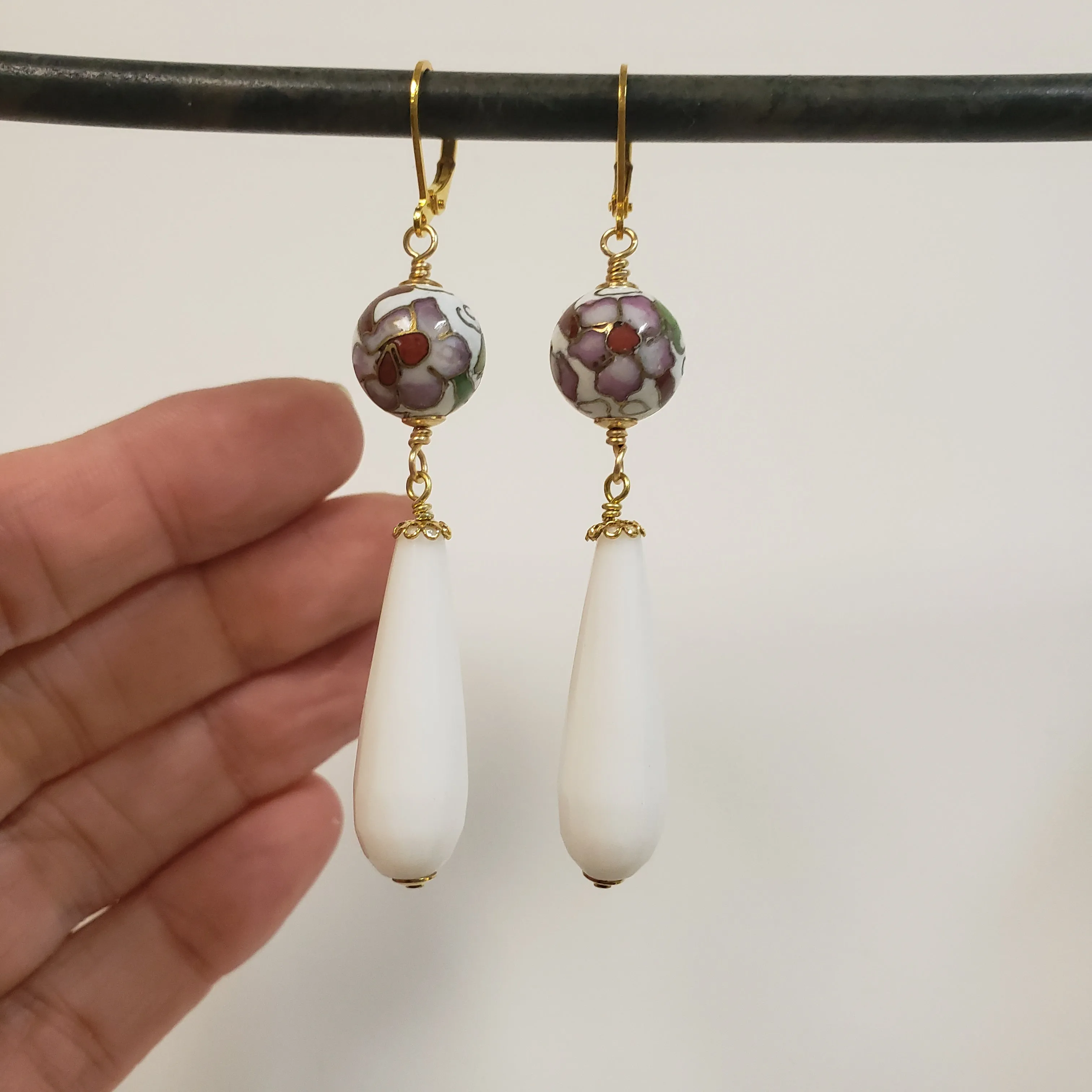 Cloisonne white Agate drop earrings