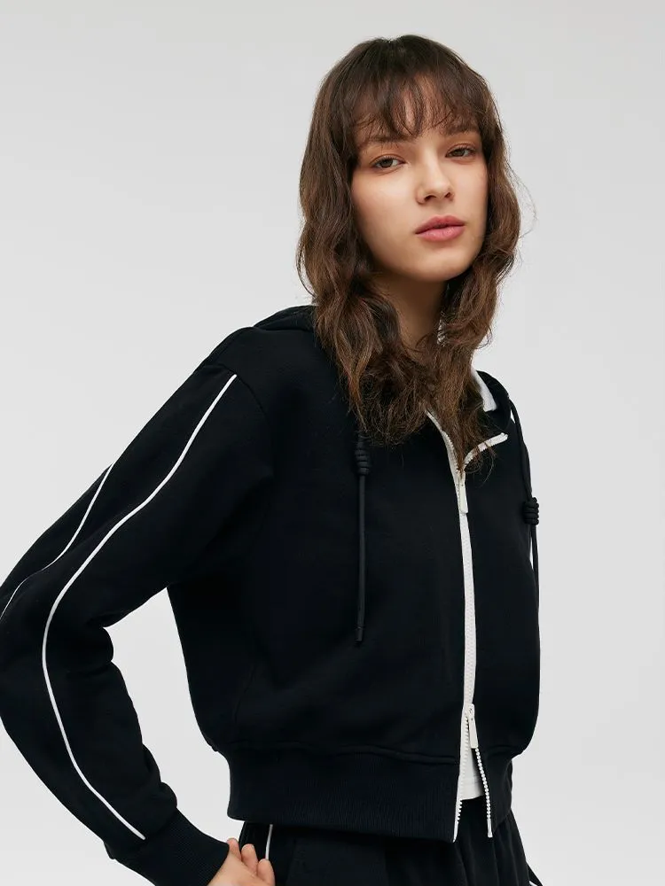 Contrast Trim Crop Zip-up Hoodie And Skirt Two-Piece Set