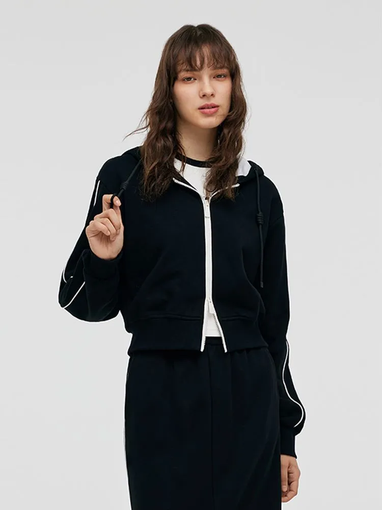 Contrast Trim Crop Zip-up Hoodie And Skirt Two-Piece Set