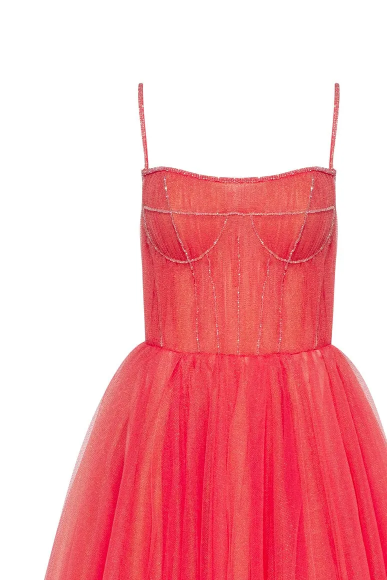 Coral Tie-strap cocktail dress with the elegant corset embroidery