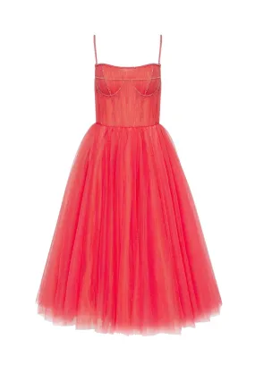 Coral Tie-strap cocktail dress with the elegant corset embroidery