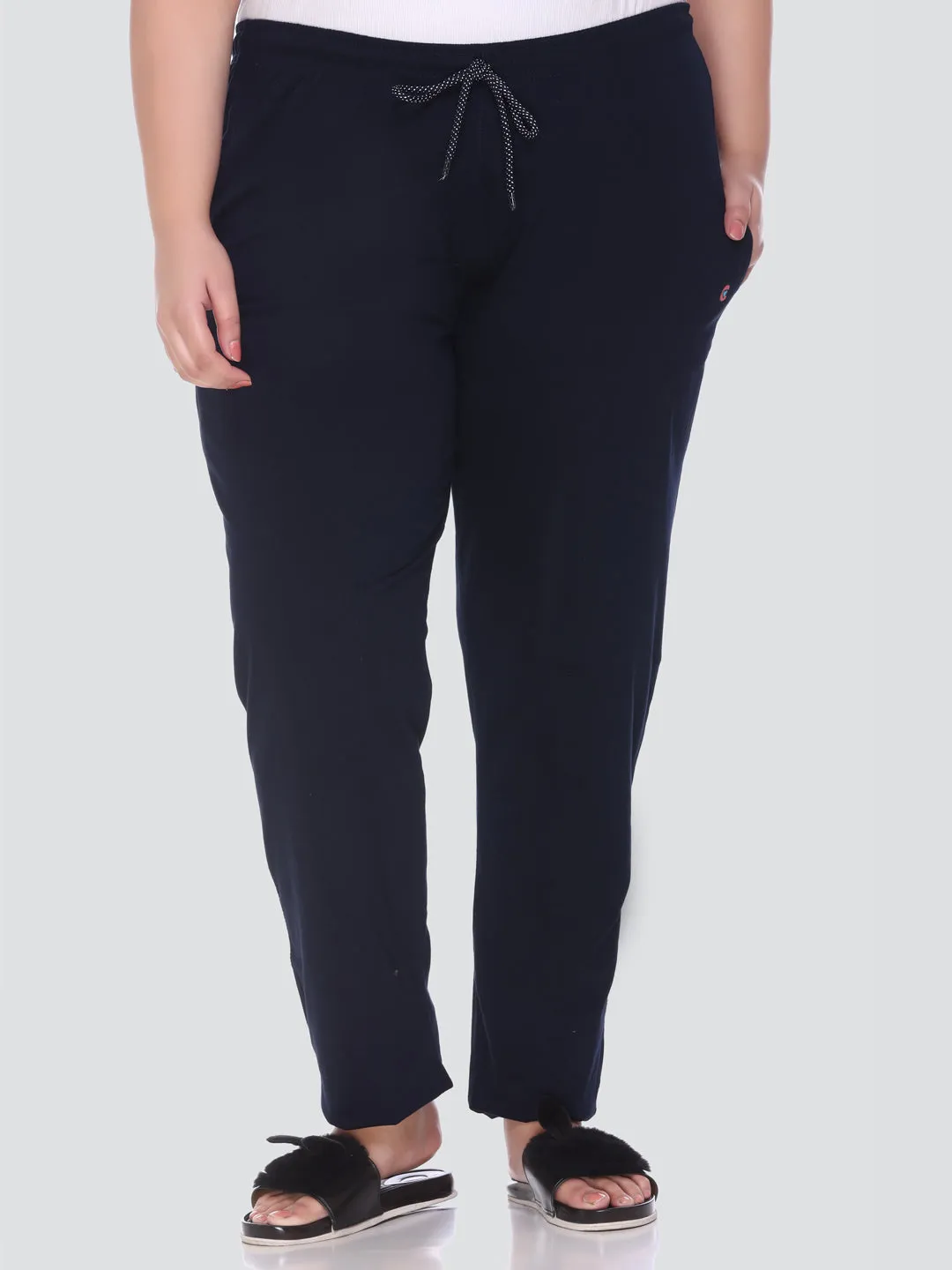 Cotton Trackpant For Women With One Side Zip Pocket - Navy Blue