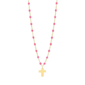 Cross Charm Classic Gigi Pink necklace, Yellow Gold, 16.5"