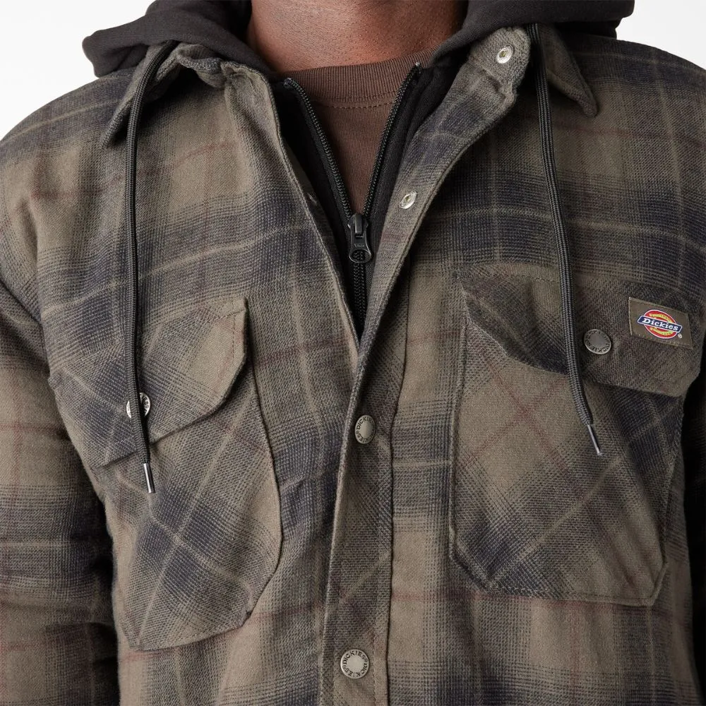 Dickies Men's Hooded Flannel Shirt Jacket with Hydroshield TJ211 - Moss Chocolate Plaid