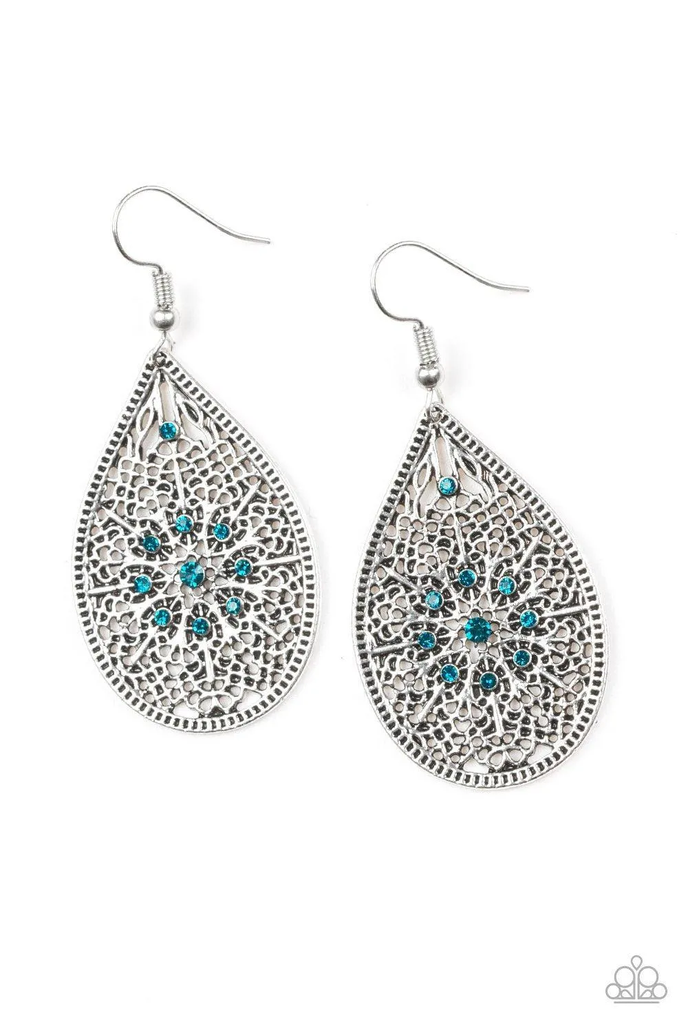 Dinner Party Posh Blue Rhinestone and Silver Filigree Earrings - Paparazzi Accessories