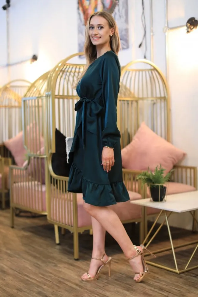 Double Second Dark Green Frill Wrap Dress