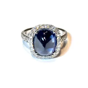 Eclat Jewels - One of a Kind Halo Ring with Cabochon Blue Sapphire Natural Color 4.83 carats and Diamonds, 18k White Gold