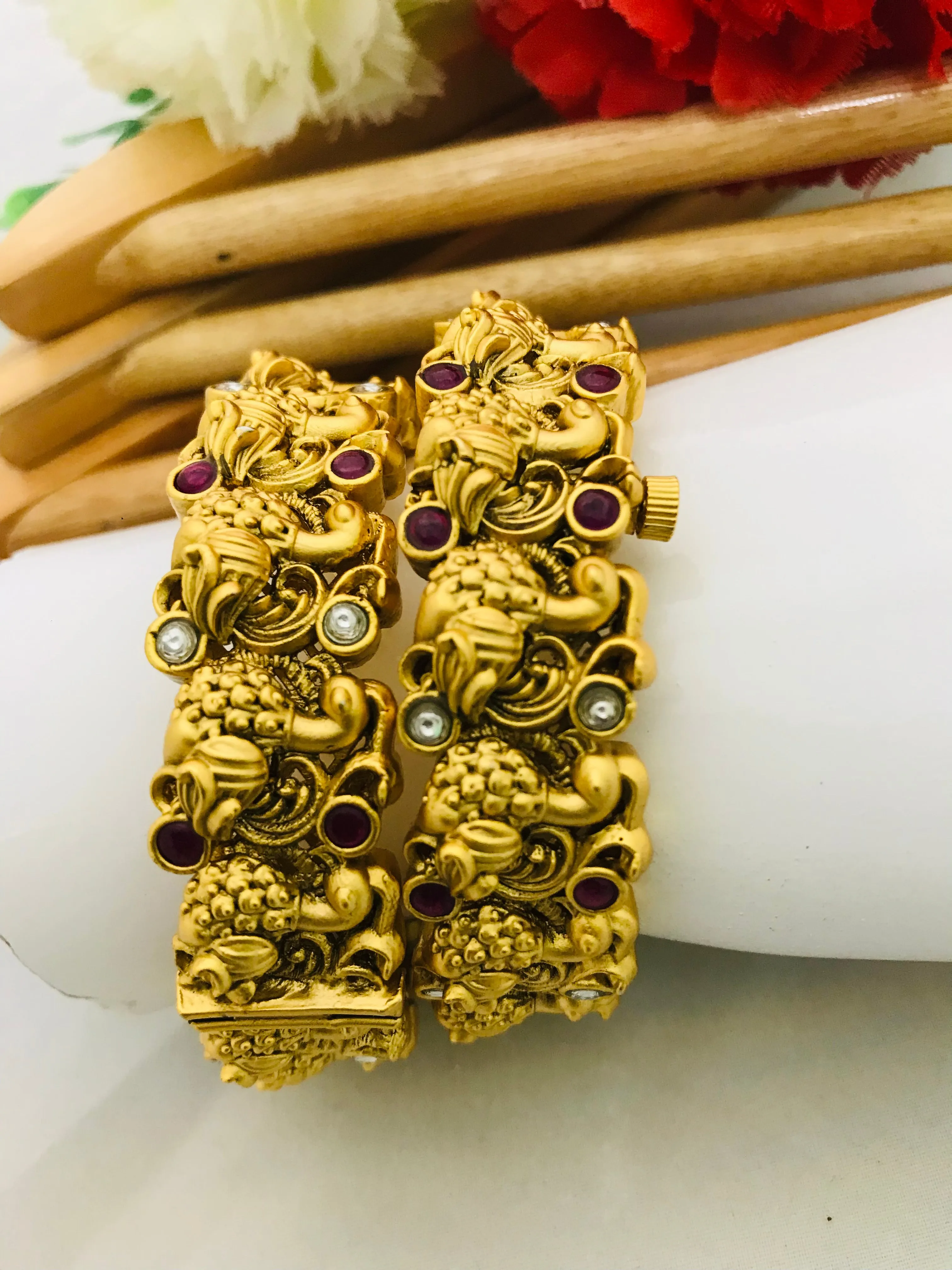 Elegant Matte Finished Antique Gold Peacock Design Bangles Set With Natural Stones