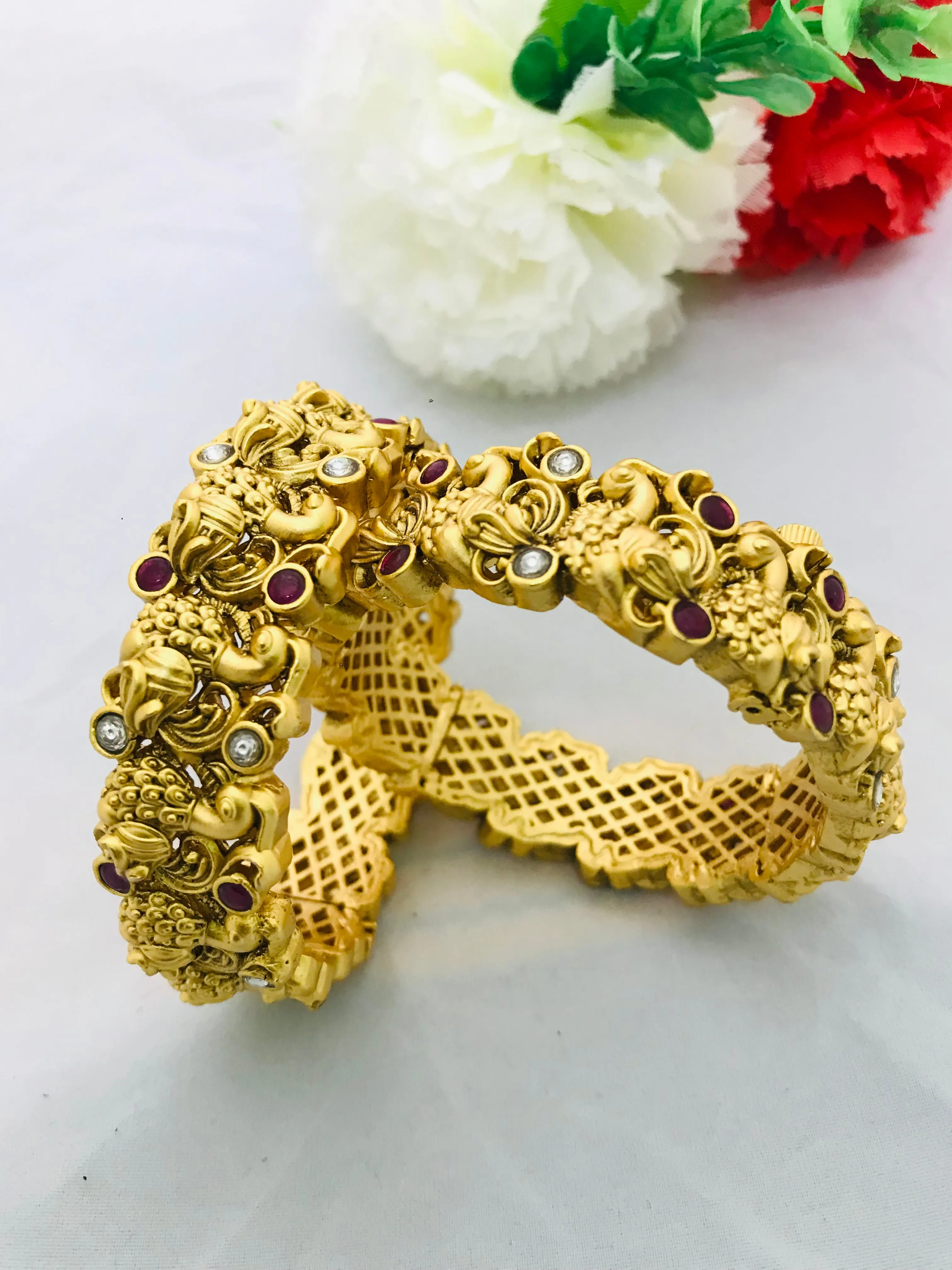 Elegant Matte Finished Antique Gold Peacock Design Bangles Set With Natural Stones