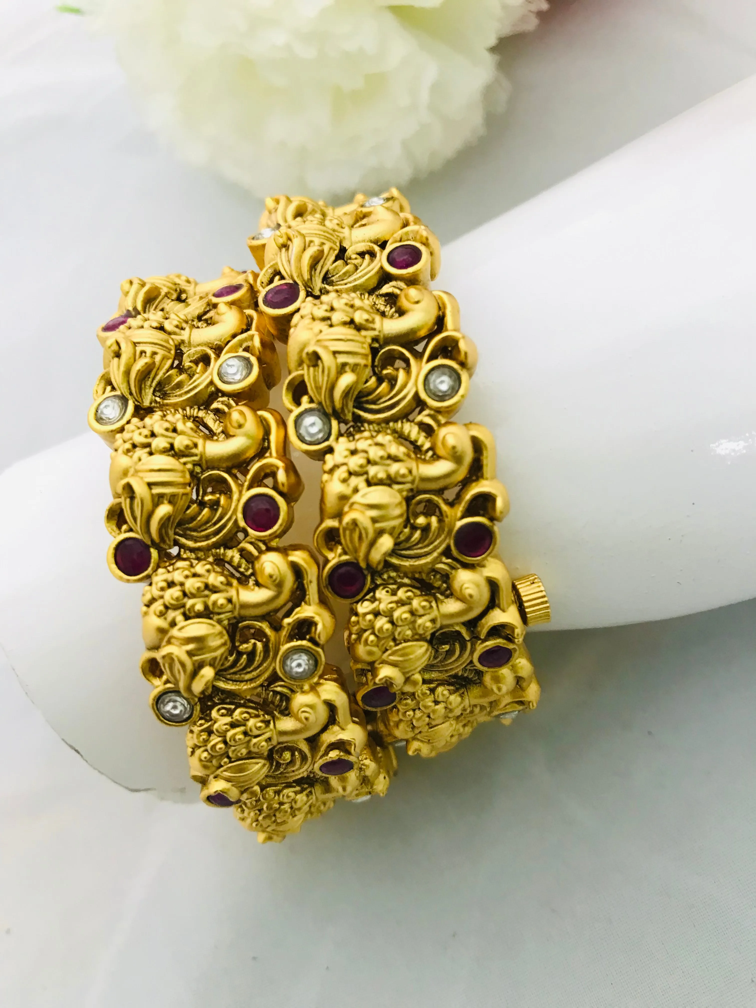 Elegant Matte Finished Antique Gold Peacock Design Bangles Set With Natural Stones