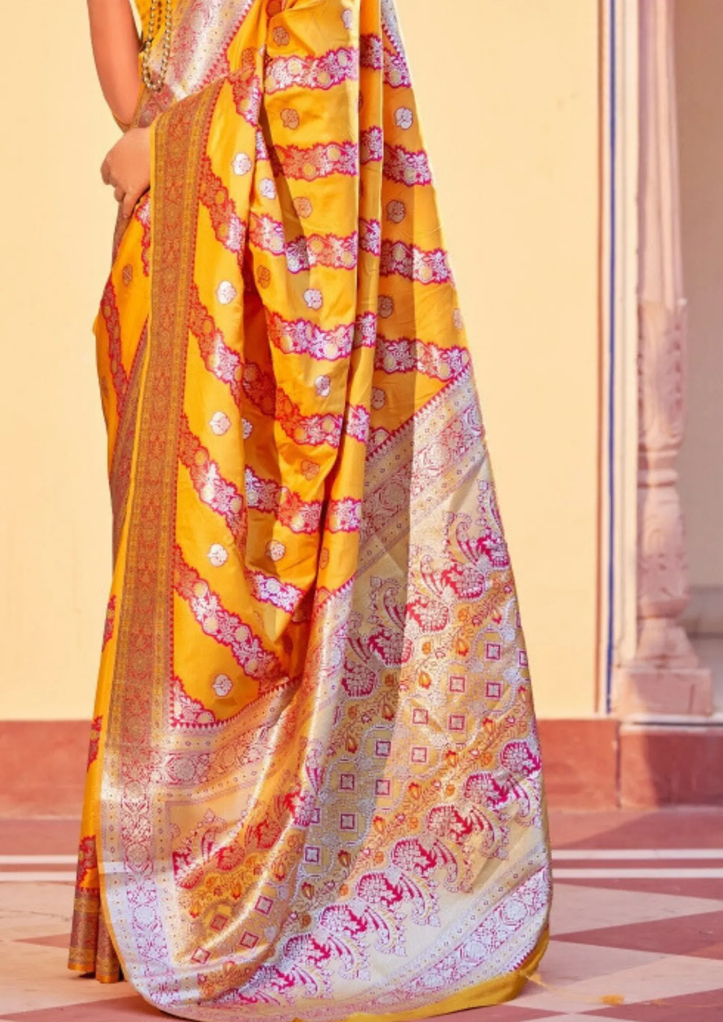 Elegant Yellow Colored Banarasi Soft Silk Sarees With Printed Work For Women