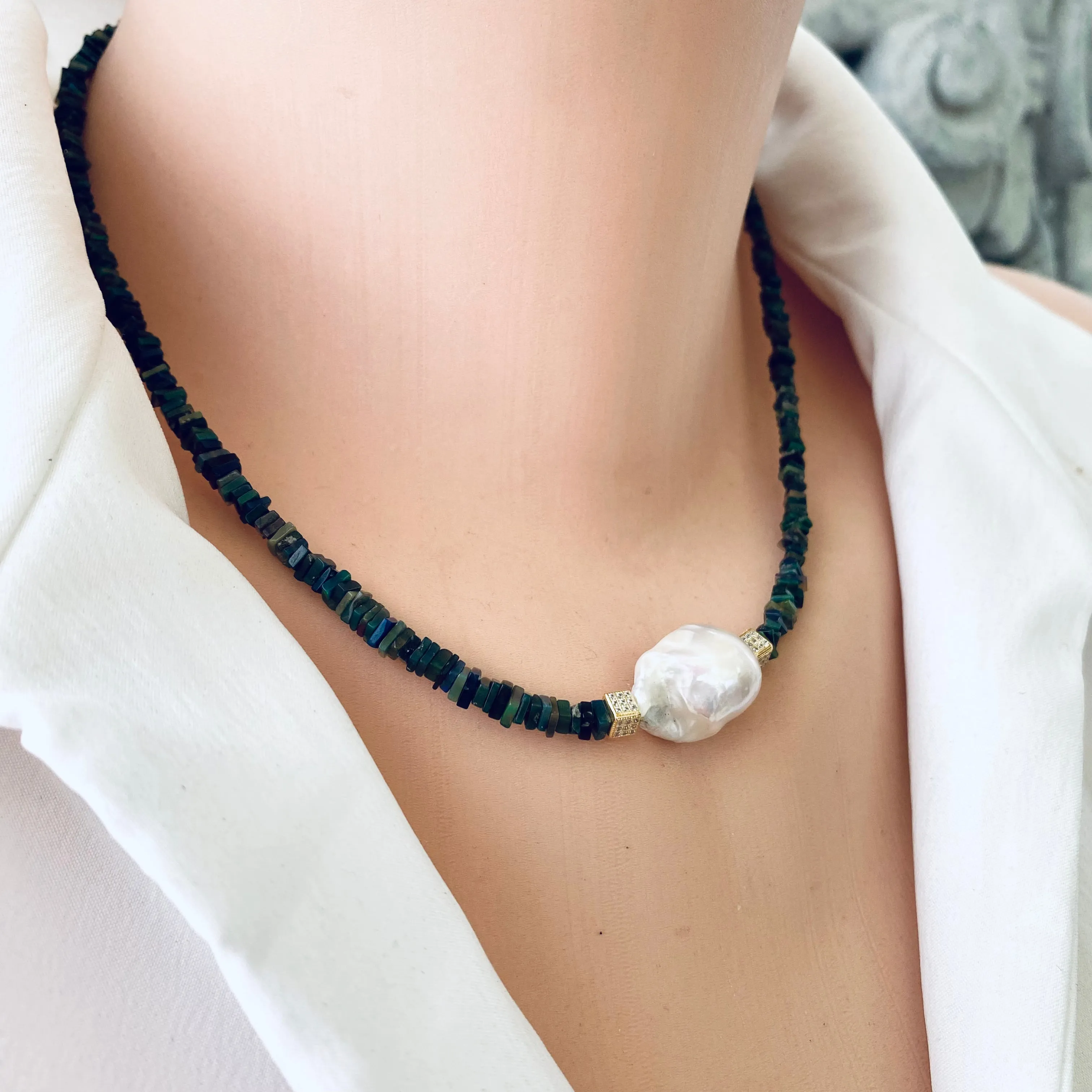 Ethiopian Black Opal and Baroque Pearl Necklace, Gold Vermeil Details, 17Inches