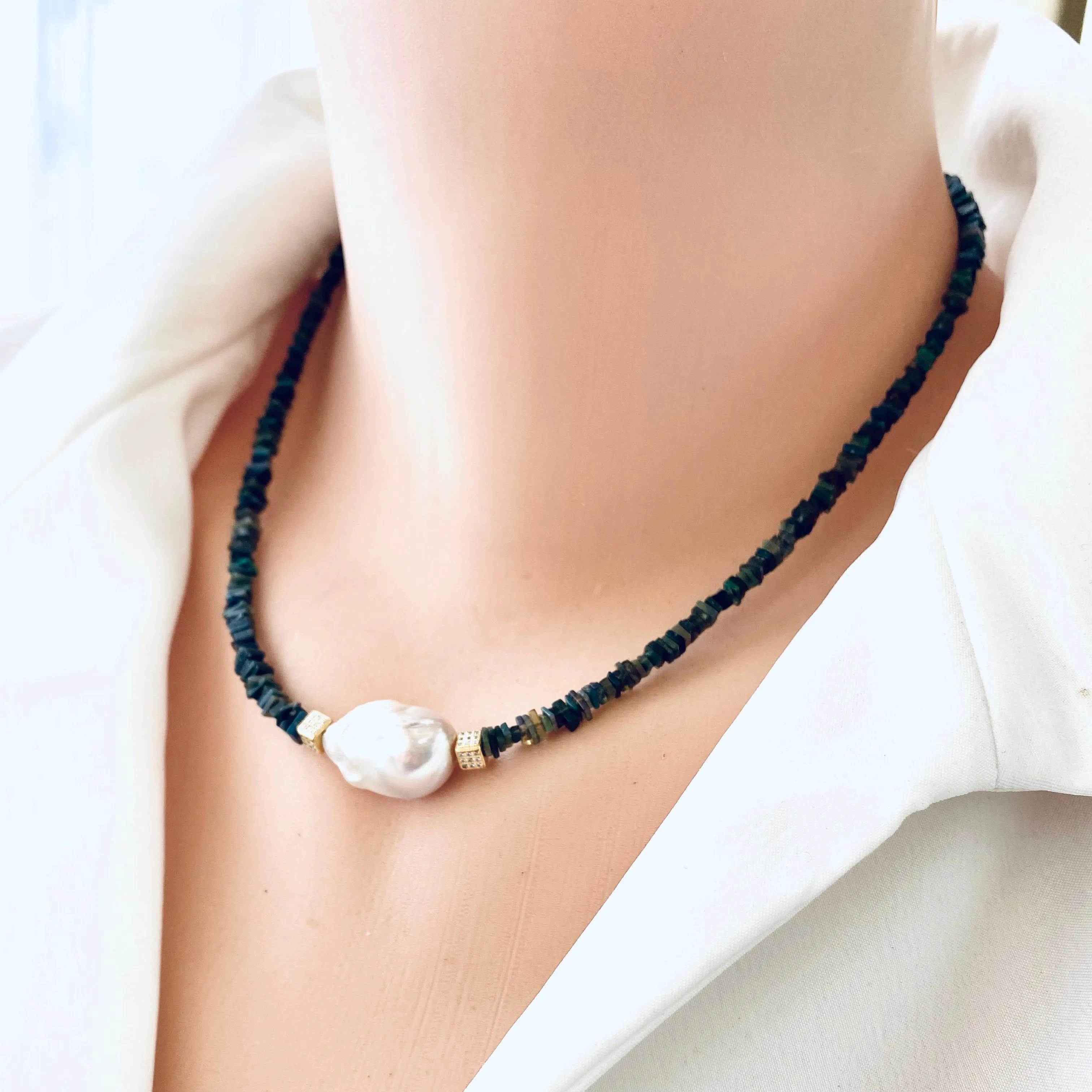 Ethiopian Black Opal and Baroque Pearl Necklace, Gold Vermeil Details, 17Inches