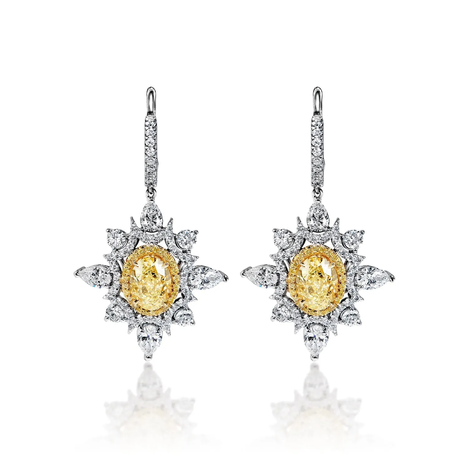 Everleigh 8 Carat Fancy Light Yellow IF - VS2 Oval Shape Diamond Leverback Earrings in 18k Yellow & White Gold By Mike Nekta NYC