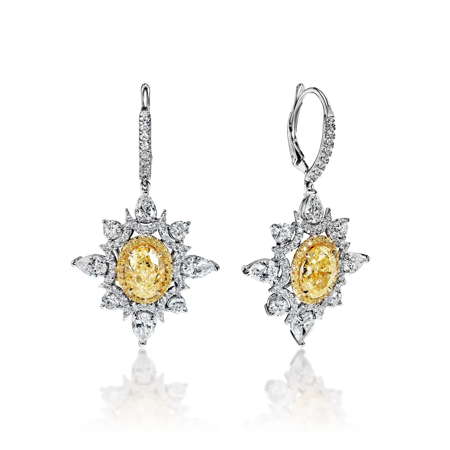 Everleigh 8 Carat Fancy Light Yellow IF - VS2 Oval Shape Diamond Leverback Earrings in 18k Yellow & White Gold By Mike Nekta NYC