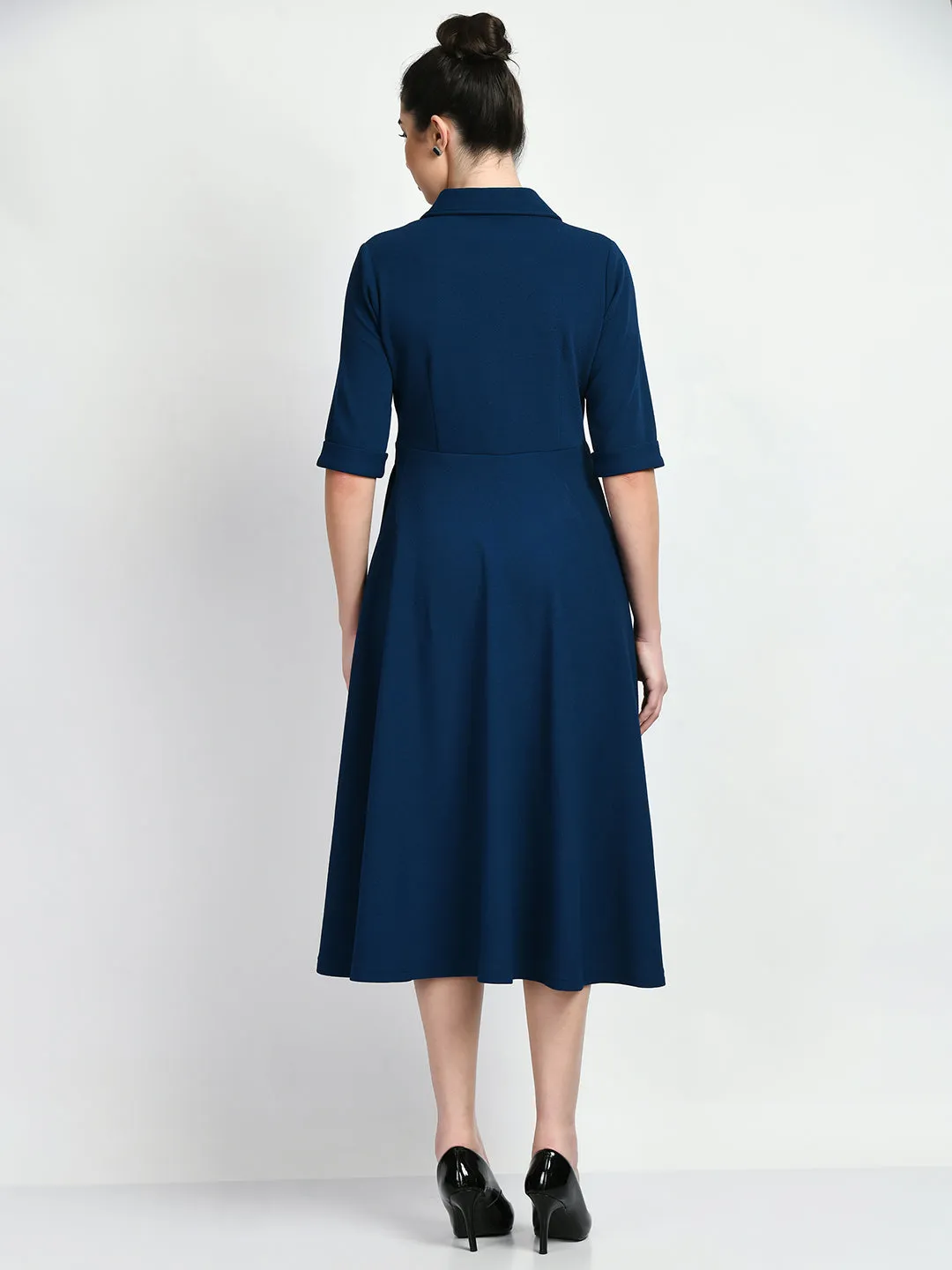 Exude Serenity Fit and Flared Shirt Midi Dress (Royal Blue)