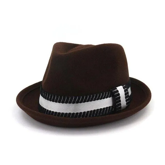 Flanged Manhattan Structured Wool Trilby Hat with Black and White Striped Hatband