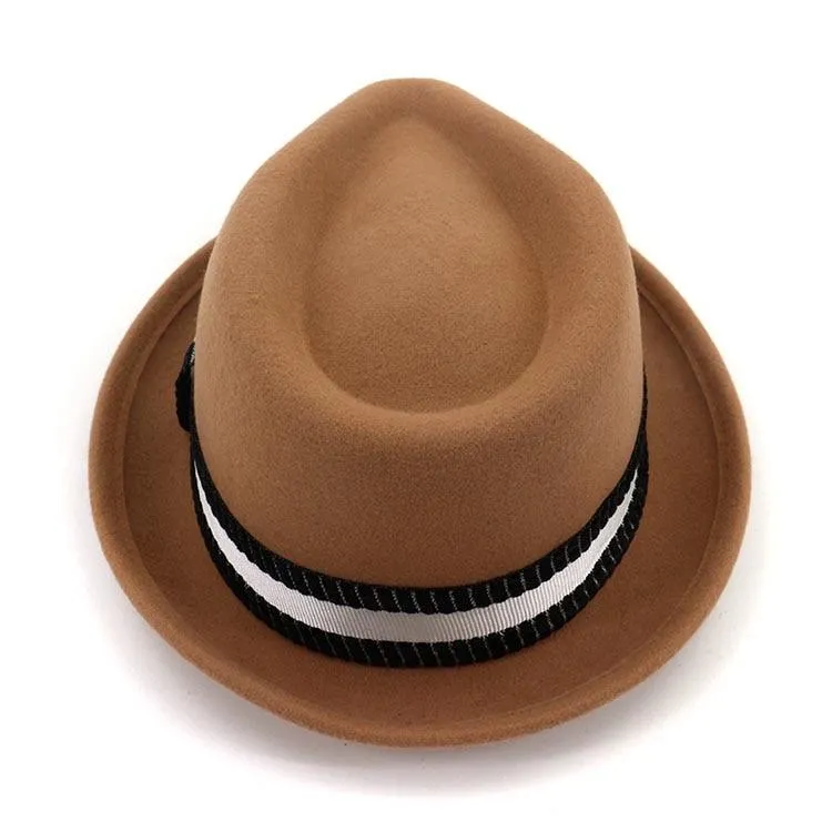 Flanged Manhattan Structured Wool Trilby Hat with Black and White Striped Hatband