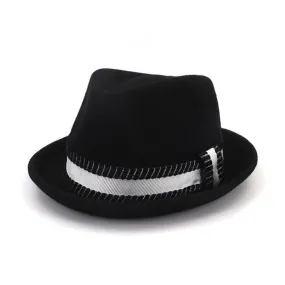 Flanged Manhattan Structured Wool Trilby Hat with Black and White Striped Hatband