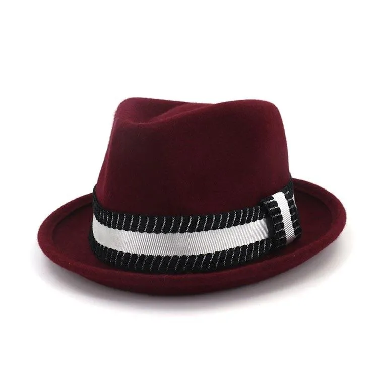 Flanged Manhattan Structured Wool Trilby Hat with Black and White Striped Hatband