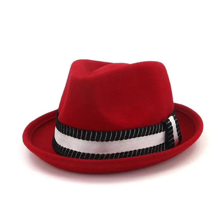 Flanged Manhattan Structured Wool Trilby Hat with Black and White Striped Hatband