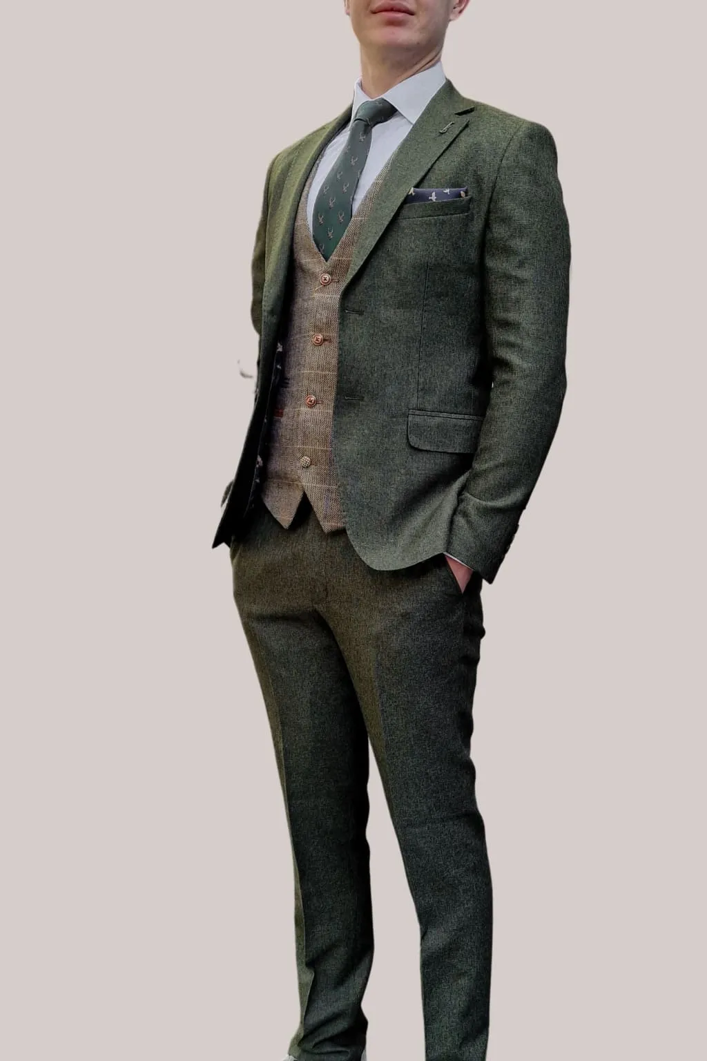 Fratelli Robbie Men's Green Tweed Suit with Marc Darcy Ted Tan Tweed Waistcoat