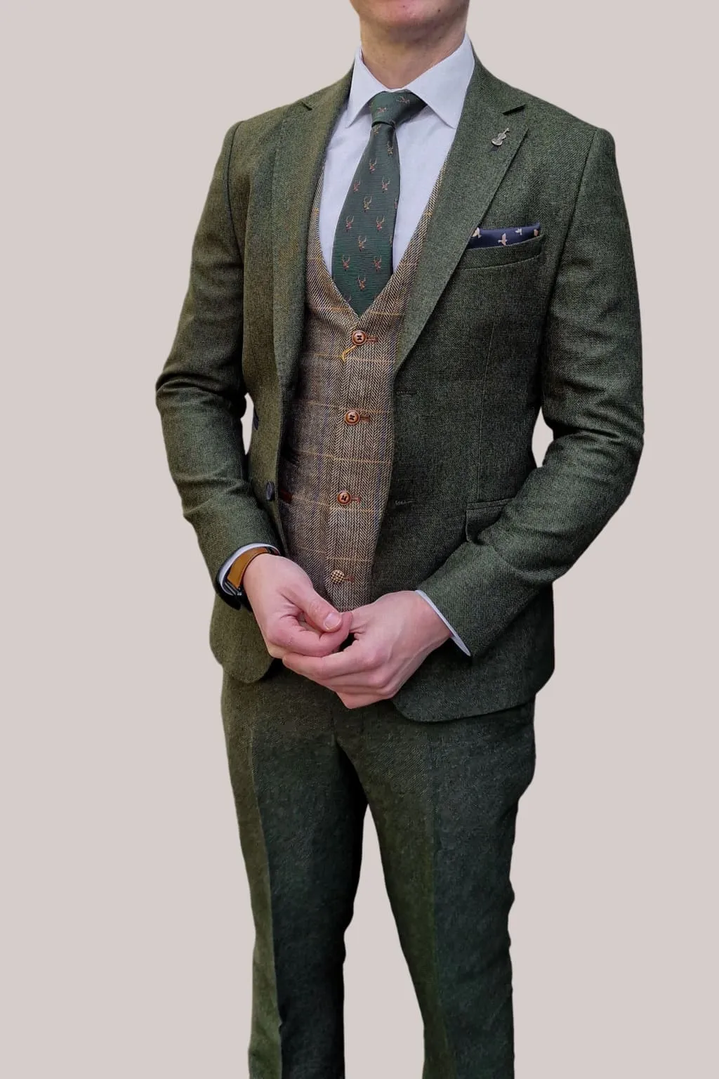 Fratelli Robbie Men's Green Tweed Suit with Marc Darcy Ted Tan Tweed Waistcoat