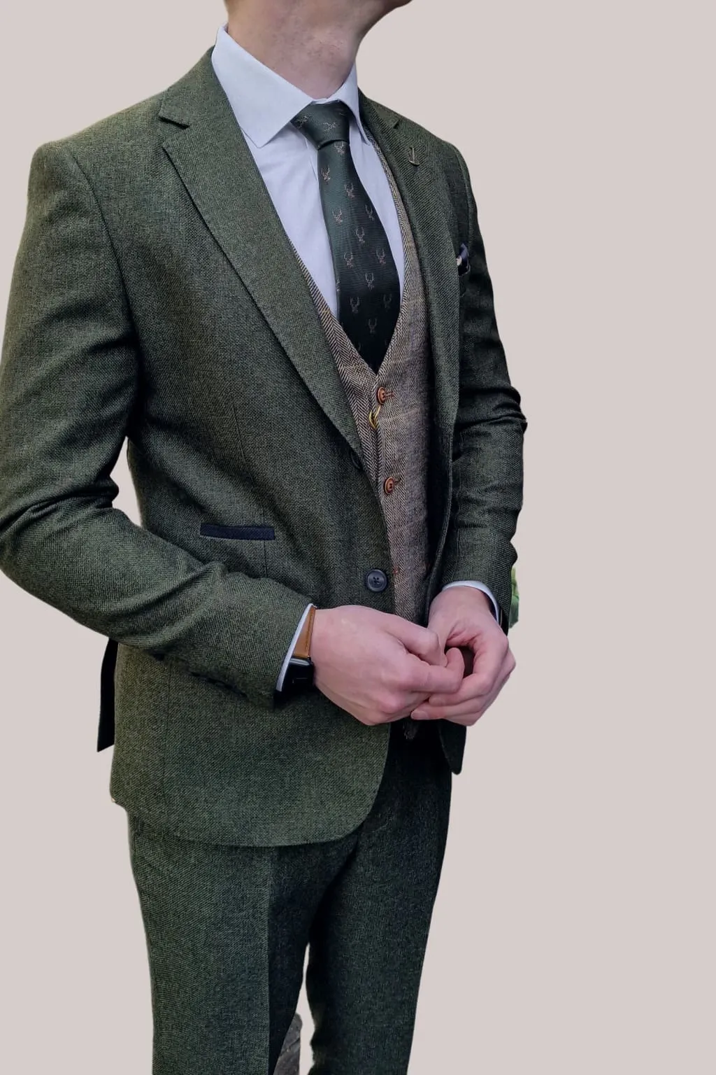 Fratelli Robbie Men's Green Tweed Suit with Marc Darcy Ted Tan Tweed Waistcoat