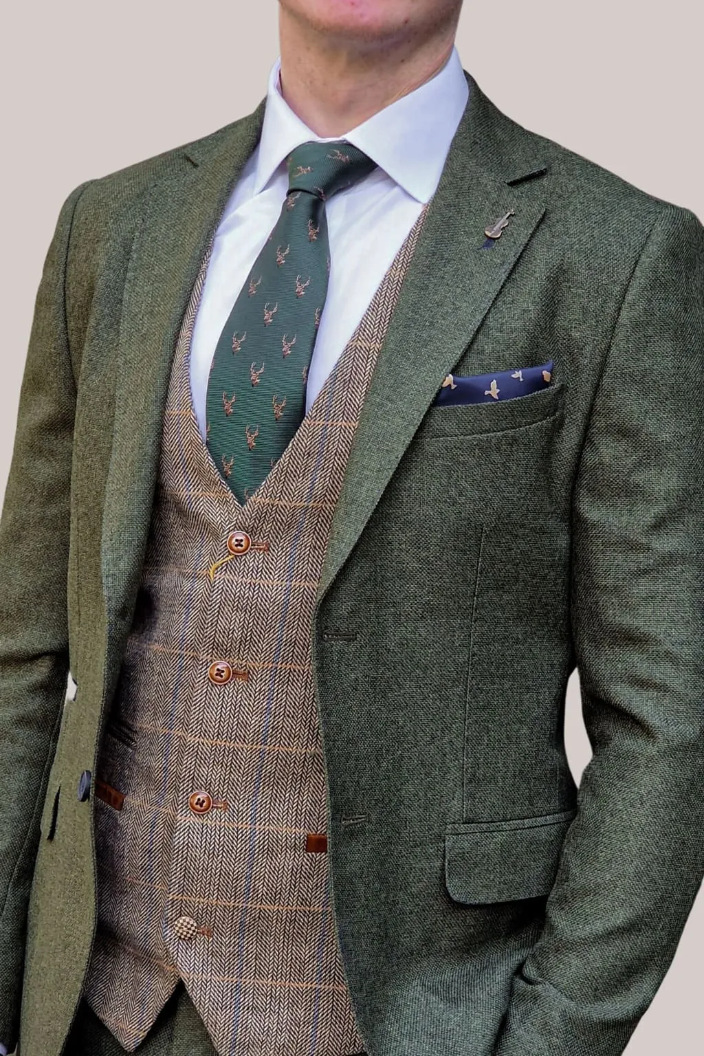 Fratelli Robbie Men's Green Tweed Suit with Marc Darcy Ted Tan Tweed Waistcoat