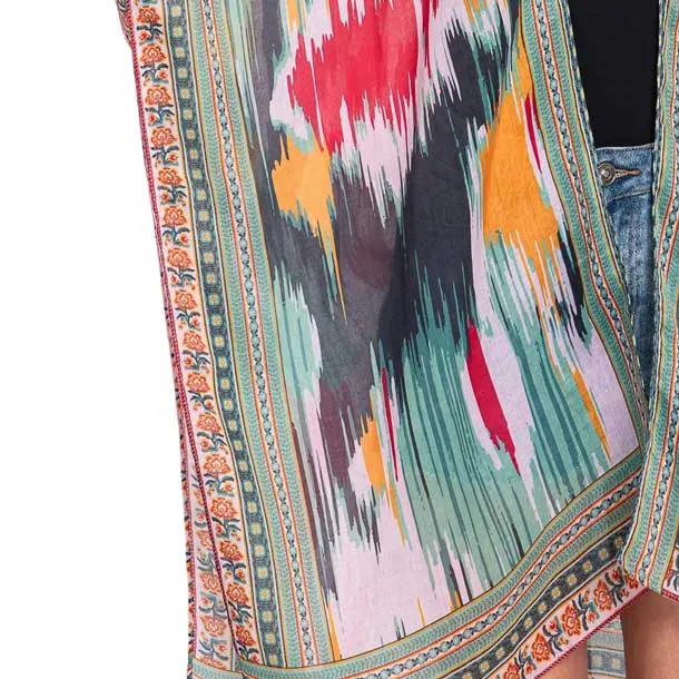 Geometric Trim Tie Dye Print Kimono Poncho