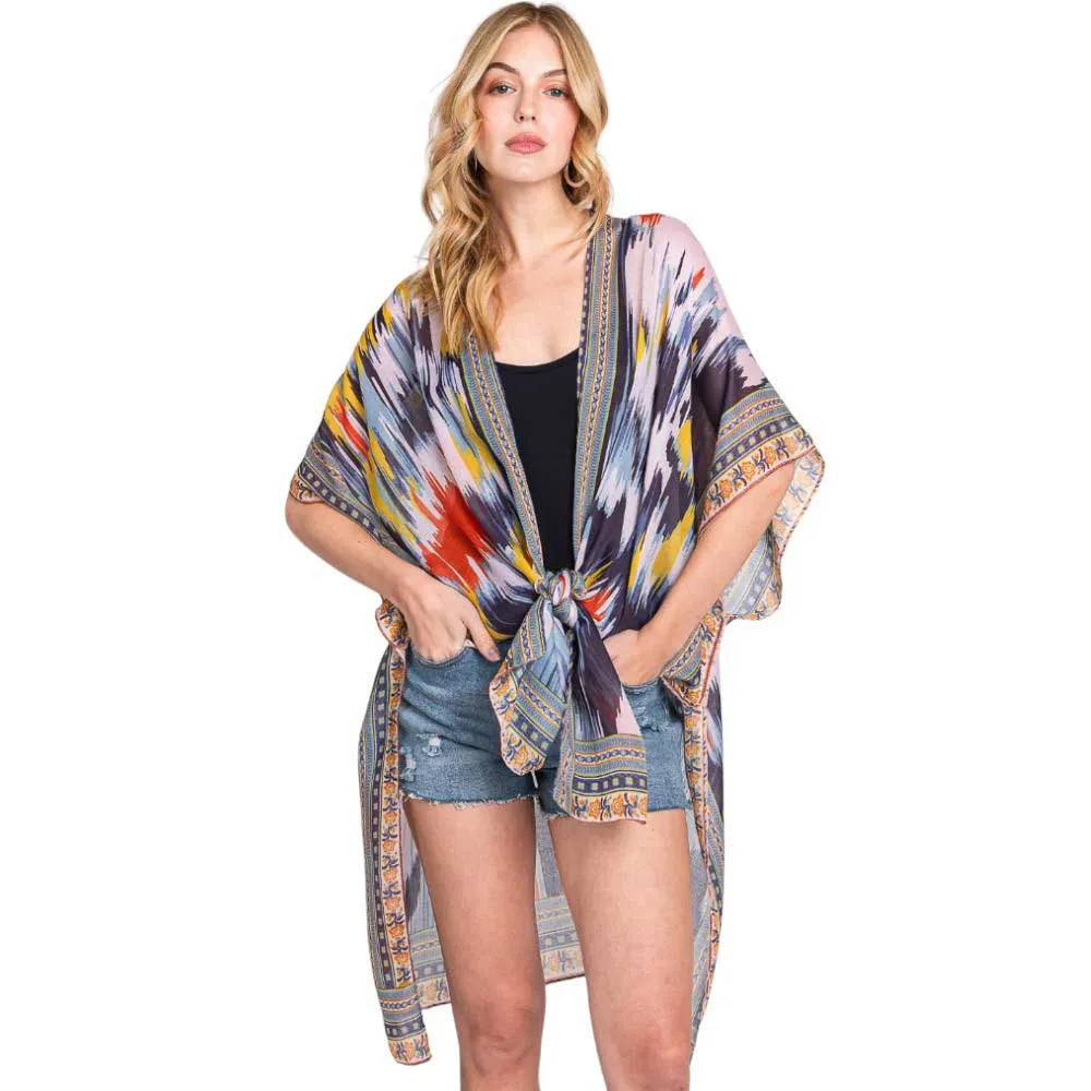 Geometric Trim Tie Dye Print Kimono Poncho