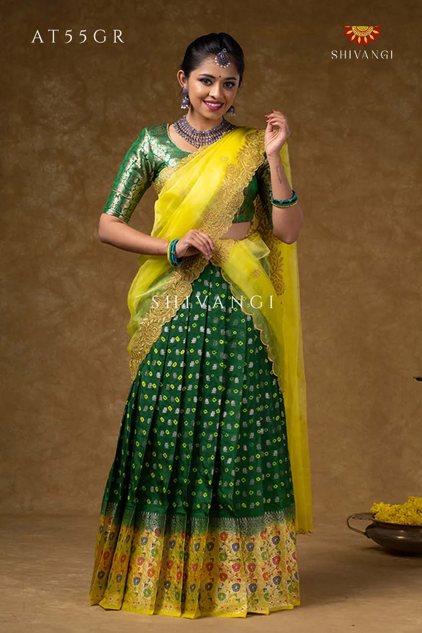 Girls Green Floral Bandhini Half Saree | Langa Davani