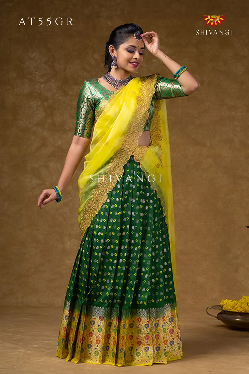 Girls Green Floral Bandhini Half Saree | Langa Davani