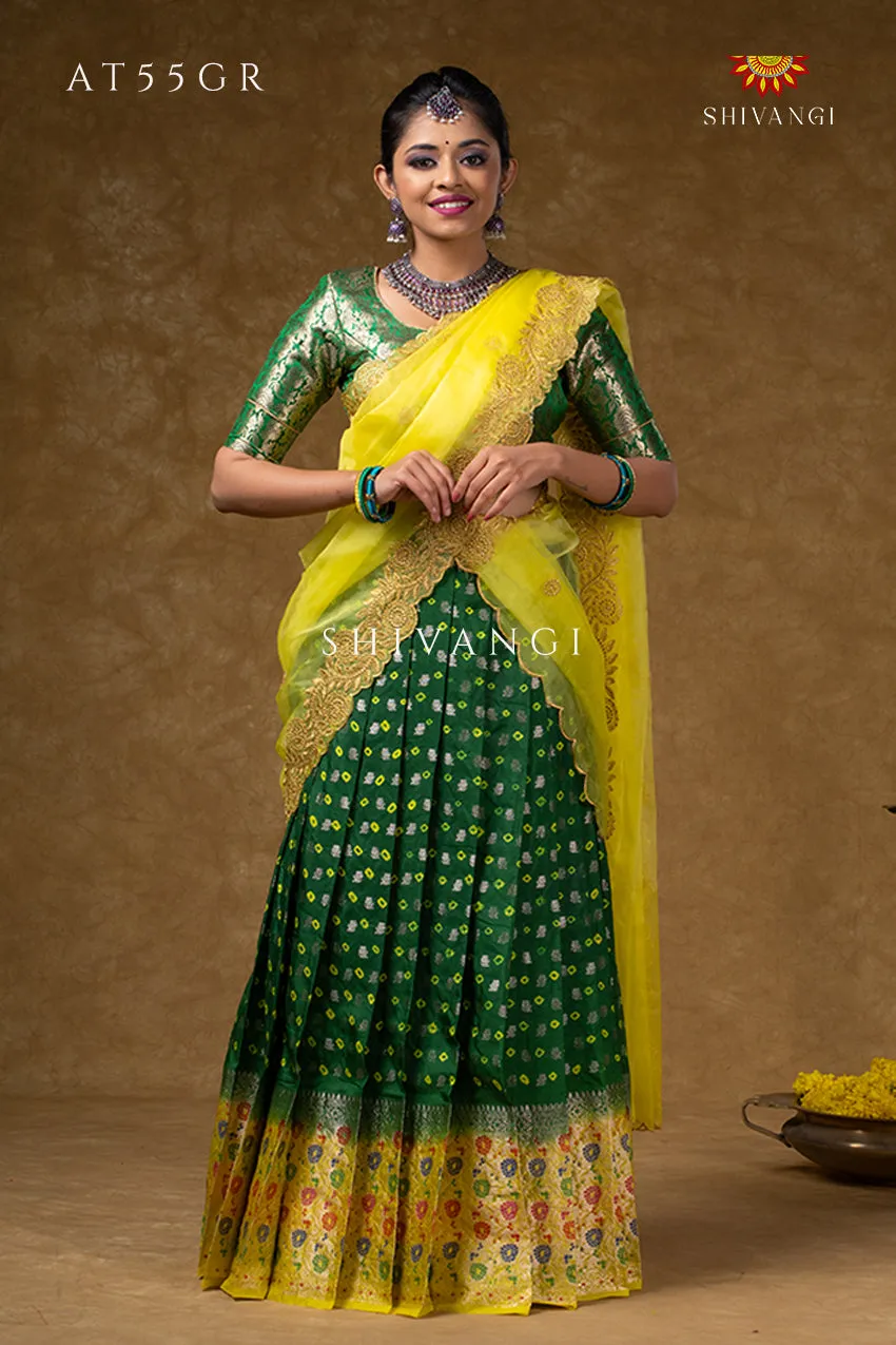 Girls Green Floral Bandhini Half Saree | Langa Davani