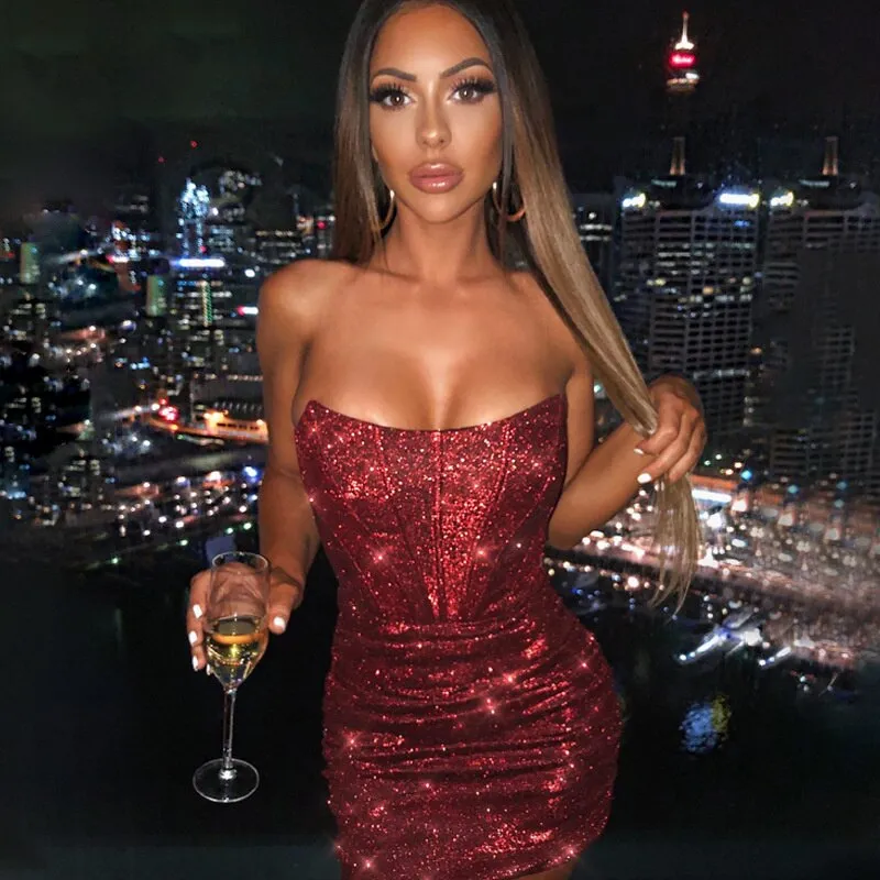 Giyu Night Club Party Woman Dress Bodycon Glitter Strapless Mini Dresses Summer Elegant Ruched Black Vestidos